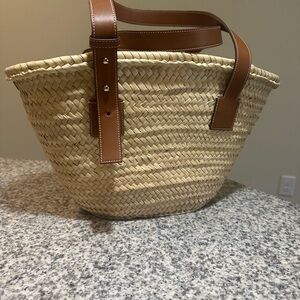 Straw Tote Bag with Brown Leather Straps